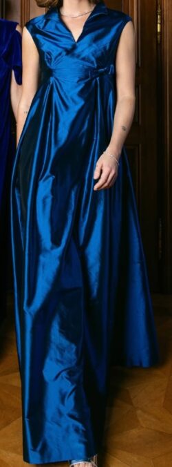 AGUVAZI Celebrate Midnight gown, column silhouette, midnight‑blue taffeta