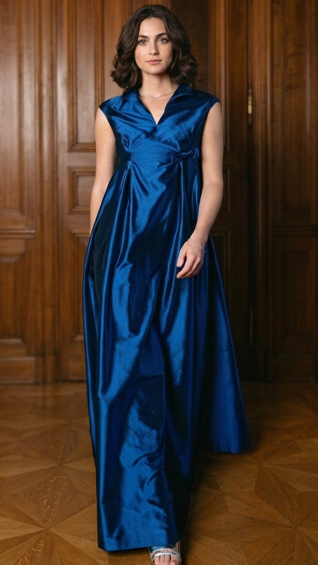 AGUVAZI Celebrate Midnight gown, column silhouette, midnight‑blue taffeta
